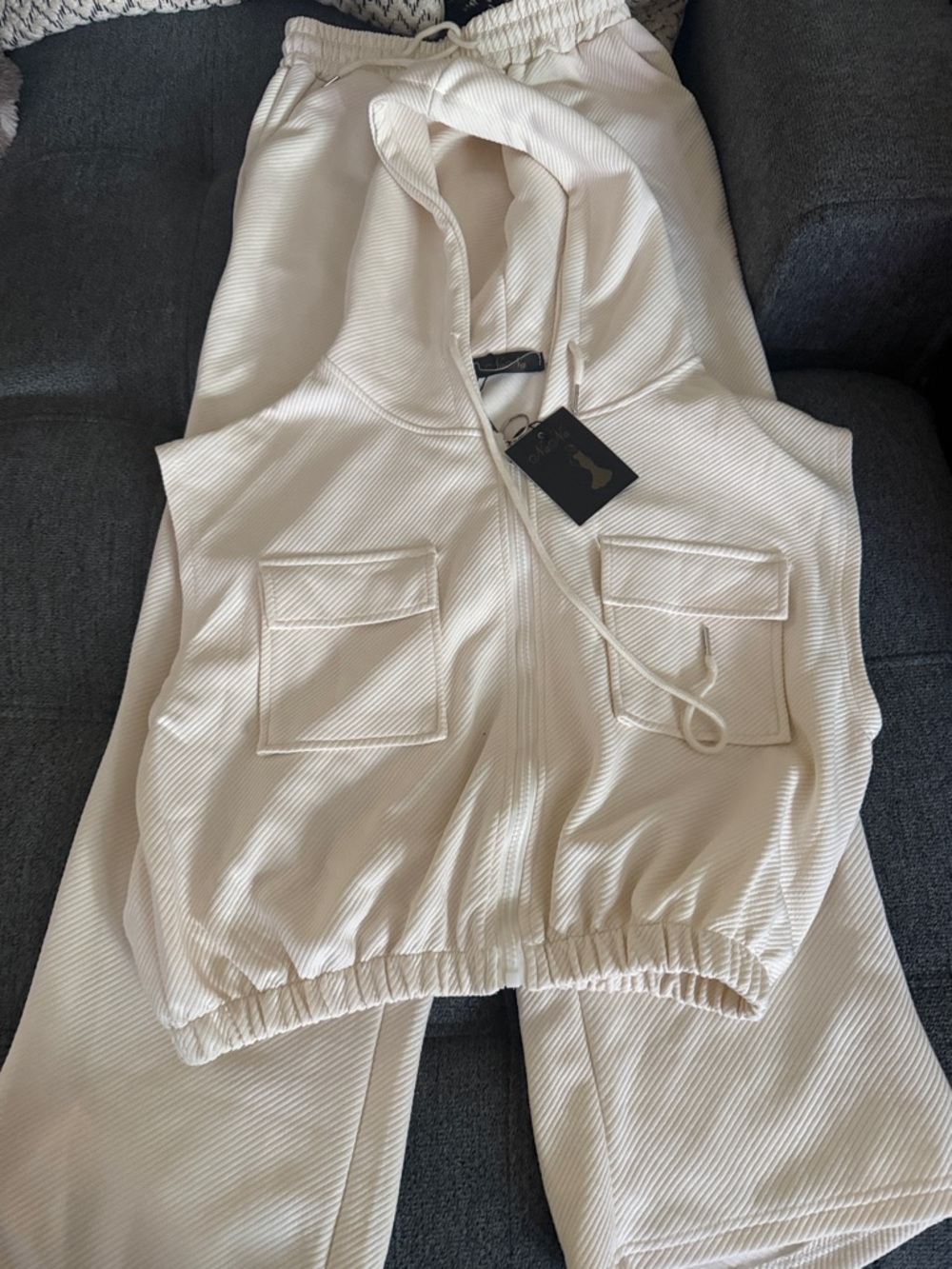 Women's Cream Ribbed Hoodie & Jogger Set - Picture 2 of 5